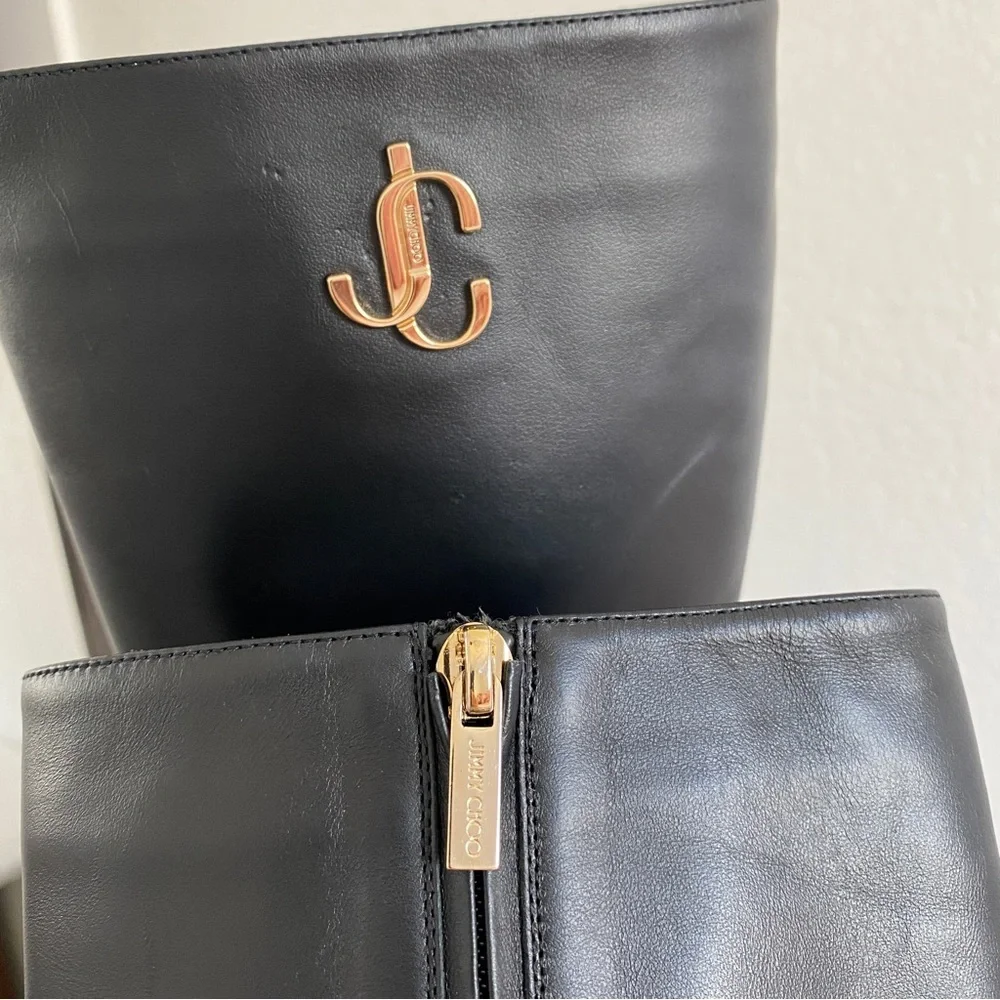 Jimmy choo black leather logo Knee high boots